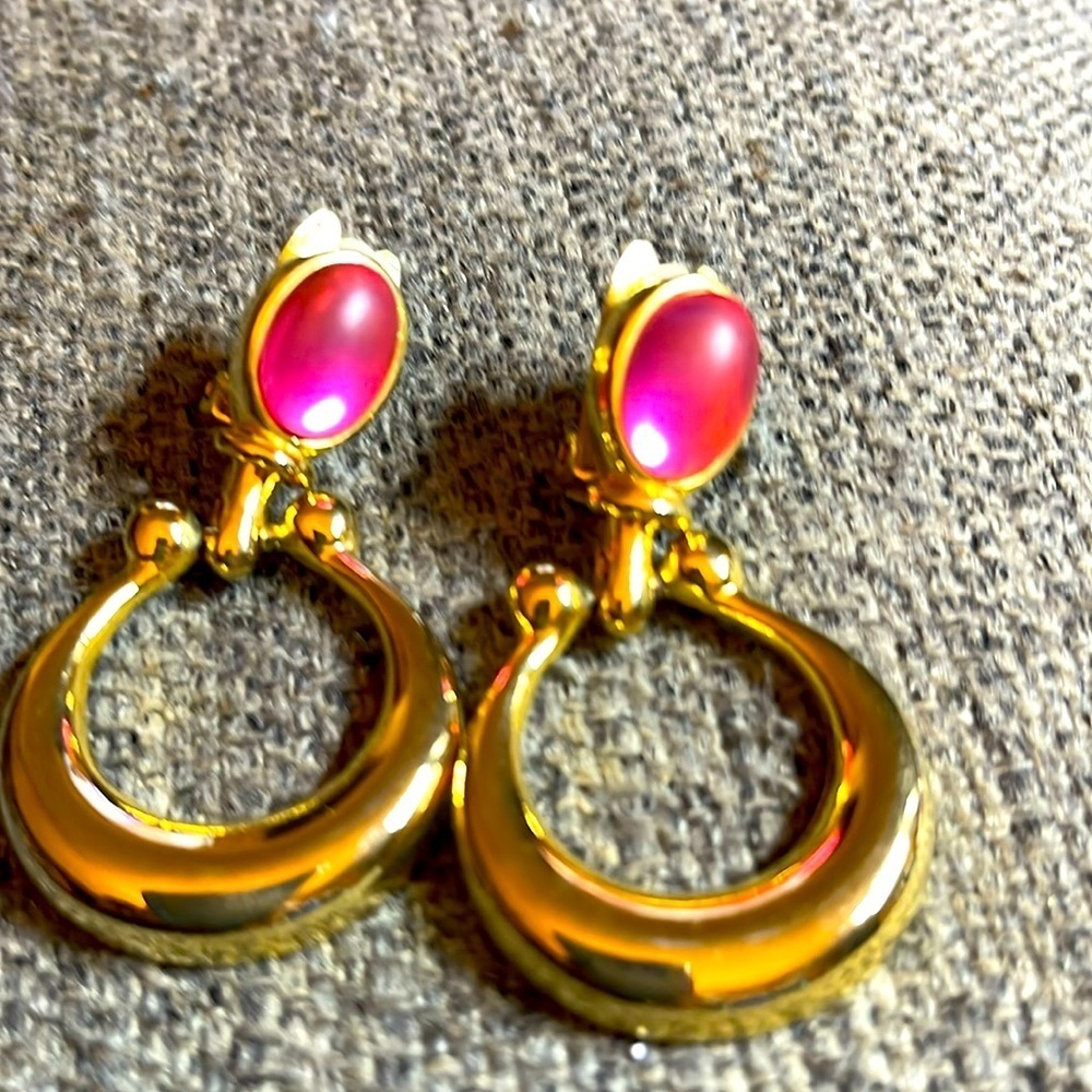 Paolo Gucci Simulated Pink Sapphire Lucite Stirrup Earrings